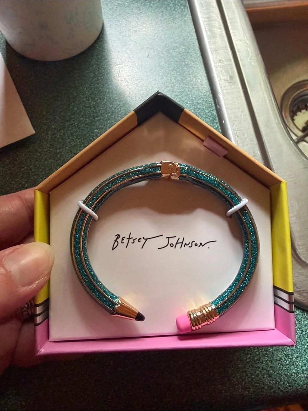 Betsey Johnson Teal Glitter Pencil Bangle with Pink Eraser Tip